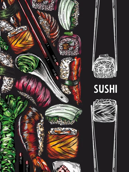 Vektorové Barevné Grafiky Sushi Rolky Mořské Plody Náčrty Bannerů Vzor — Stockový vektor