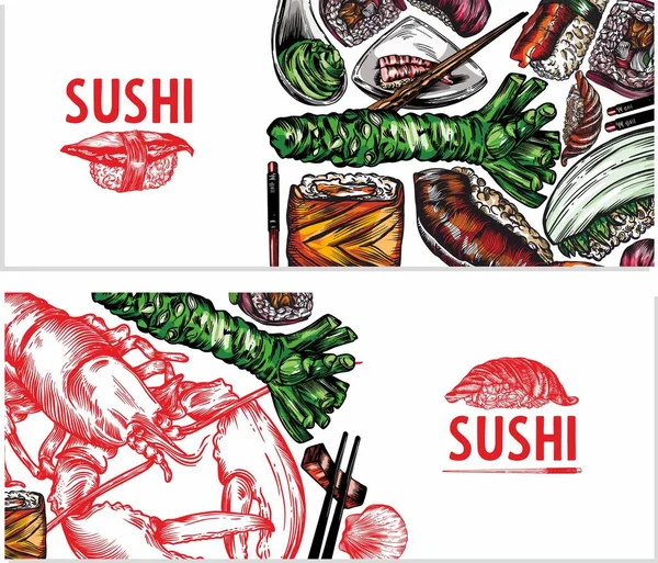 Graphiques Vectoriels Couleurs Sushi Rouleaux Fruits Mer Croquis Bannière Modèle — Image vectorielle