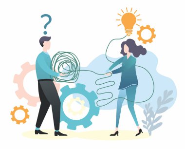 Düz çizim. Bir grup insan. Takım çalışması. Erkekler ve kadınlar. İş için çizimler. Bilgi grafikleri için çizimler.