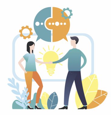 Düz çizim. Bir grup insan. Takım çalışması. Erkekler ve kadınlar sorunları çözer. İş için çizimler. Bilgi grafikleri için çizimler.