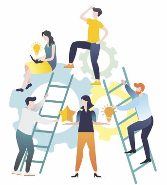 Düz çizim. Bir grup insan. Takım çalışması. Erkekler ve kadınlar sorunları çözer. İş için çizimler. Bilgi grafikleri için çizimler.