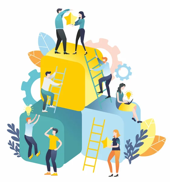 Flat illustration. A group of people goes to the goal. Achieving goal. Way up. Teamwork. Business. Achieving success.
