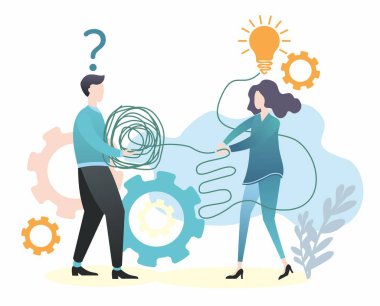 Düz çizim. Bir grup insan. Takım çalışması. Erkekler ve kadınlar. İş için çizimler. Bilgi grafikleri için çizimler.