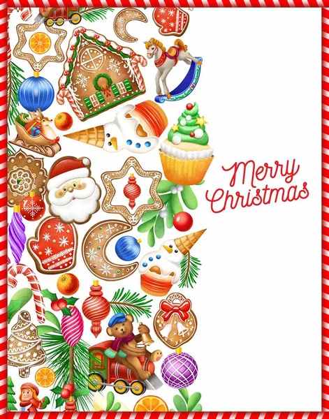Weihnachtsillustration Weihnachtskarte Lebkuchen Weihnachtsbanner Weihnachtsspielzeug Frohe Weihnachten — Stockfoto