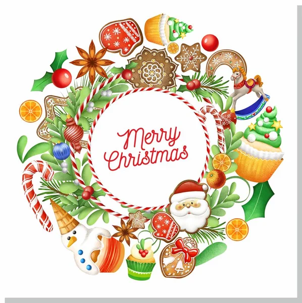 Weihnachtsillustration Weihnachtskarte Lebkuchen Weihnachtsbanner Weihnachtsspielzeug Frohe Weihnachten — Stockfoto