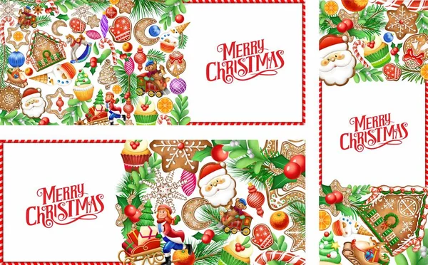 新年のイラスト クリスマスカード 休日のバナーやポストカード クリスマスのおもちゃ ジンジャーブレッド クリスマスツリー 雪だるま サンタクロース — ストック写真