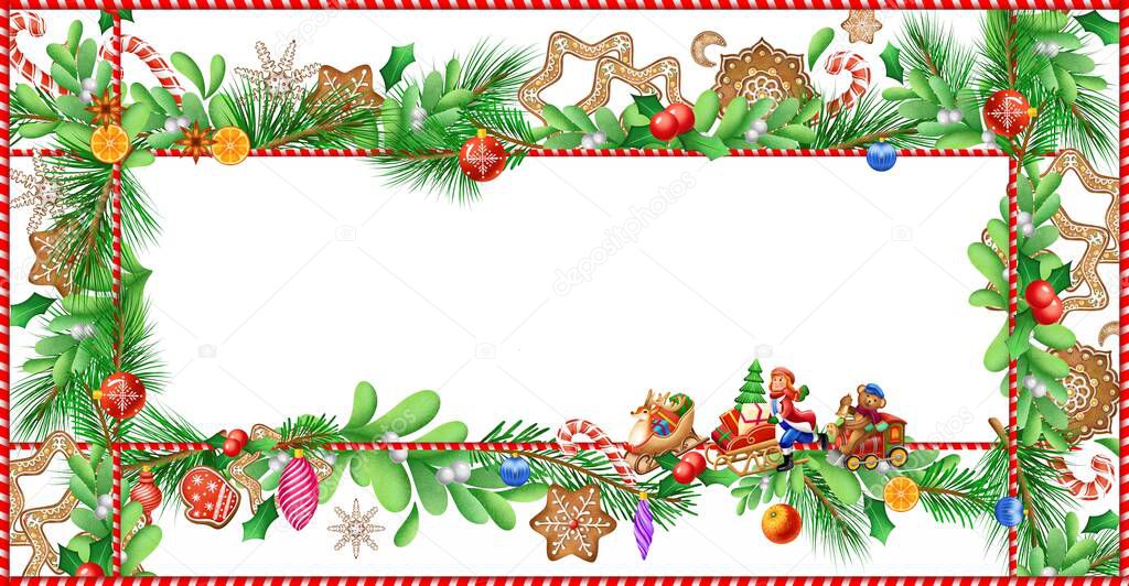 Raster illustration of Christmas items. Christmas card. Festive mood. Christmas toys, gingerbread.