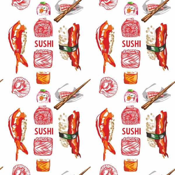 Rastrová Ilustrace Sushi Rolls Bezešvý Šev Vzor Tisk Vykreslování Podrobností — Stock fotografie