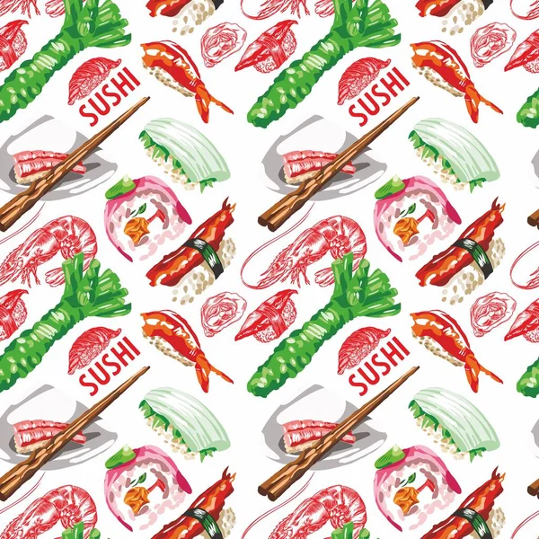 Raster Illustratie Van Sushi Broodjes Naadloze Naad Patroon Print Zeer — Stockfoto