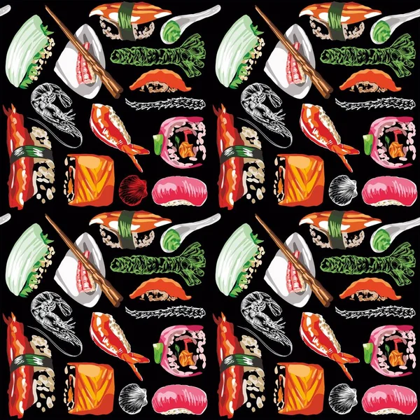 Raster Illustratie Van Sushi Broodjes Naadloze Naad Patroon Print Zeer — Stockfoto