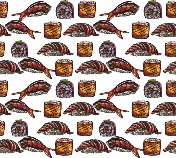 Wektorowa Ilustracja Sushi Bułek Płynny Szew Wzór Odcisk Udzielanie Szczegółowych — Wektor stockowy