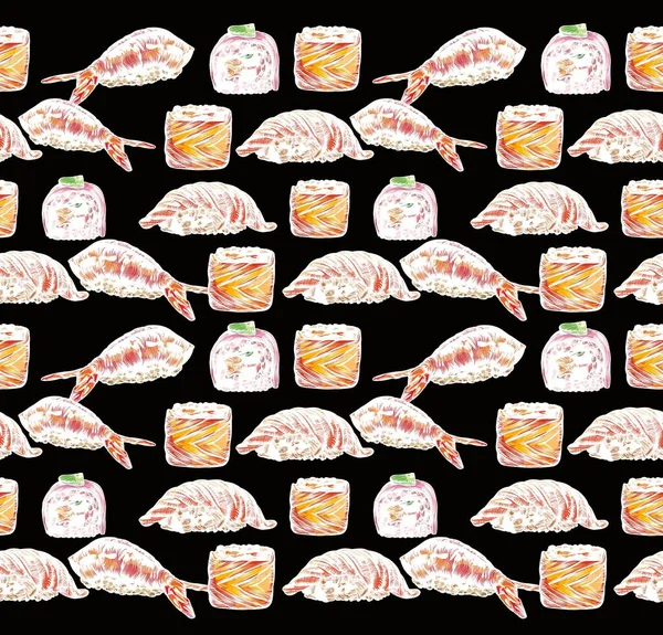 Vektorillustration Von Sushi Und Brötchen Nahtlose Naht Muster Druck Hohe — Stockvektor