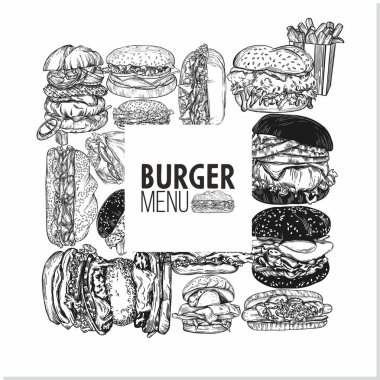Hamburgerlerin, sandviçlerin, fast food 'un temsilcisi. Kartpostal, pankart veya menü kapağı çizimi.