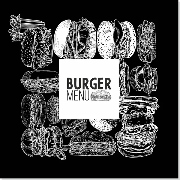 Hamburgerlerin, sandviçlerin, fast food 'un temsilcisi. Kartpostal, pankart veya menü kapağı çizimi.