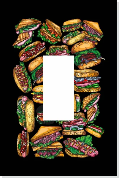 Hamburgerek Szendvicsek Gyorskaják Vektorillusztrációja Képeslap Banner Vagy Menüborító Vázlata — Stock Vector