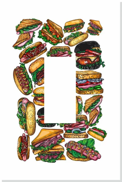 Illustrazione Vettoriale Hamburger Panini Fast Food Schizzo Una Cartolina Banner — Vettoriale Stock