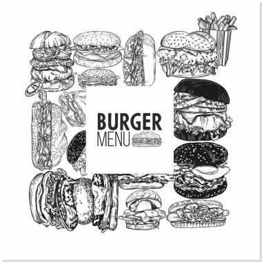Hamburgerlerin, sandviçlerin ve fast food 'un Raster çizimi. Kartpostal, pankart veya menü kapağı çizimi.