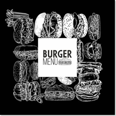 Hamburgerlerin, sandviçlerin ve fast food 'un Raster çizimi. Kartpostal, pankart veya menü kapağı çizimi.