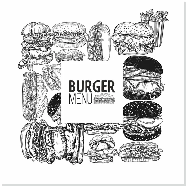 Raster Illustration Burgers Sandwiches Fast Food Sketch Postcard Banner Menu — Stock Photo, Image