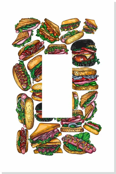 Ilustración Rasterizada Hamburguesas Sándwiches Comida Rápida Dibujo Una Tarjeta Postal —  Fotos de Stock