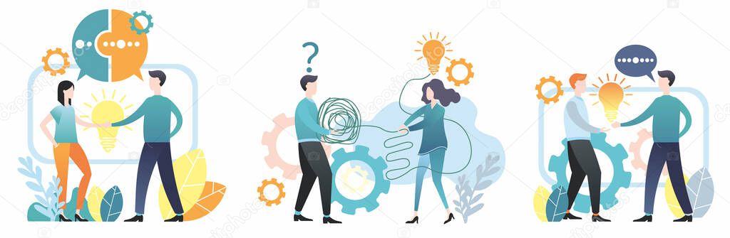 Flat illustration. Group of people. Teamwork. Men and women solve problems. Illustrations for business. Illustrations for infographics.