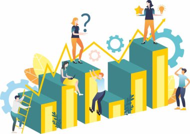 Düz dizayn tarzında illüstrasyon. Isometry. Takım çalışması. Bir grup insan.