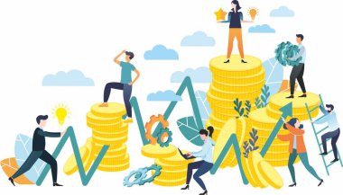Bitmap çizimi düz bir stilde. Takım çalışması. Zirveleri fethediyorum. Finansal piramit. Rekabet. Bozuk para dağları.