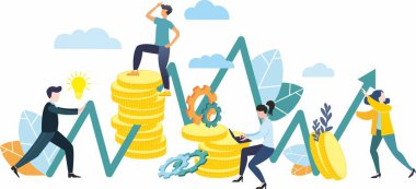 Düz bir şekilde vektör illüstrasyonu. Takım çalışması. Zirveleri fethediyorum. Finansal piramit. Rekabet. Bozuk para dağları. İş fikri.