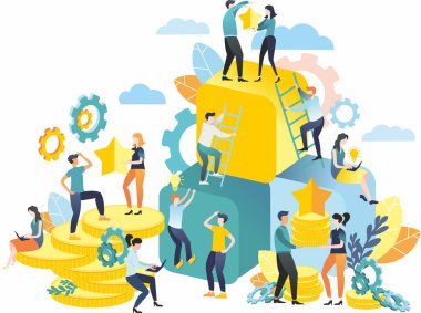 Bitmap çizimi düz bir stilde. Takım çalışması. Zirveleri fethediyorum. Finansal piramit. Rekabet. Bozuk para dağları. İş fikri.