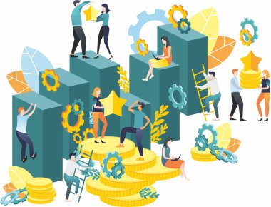 Bitmap çizimi düz bir stilde. Takım çalışması. Zirveleri fethediyorum. Finansal piramit. Rekabet. Bozuk para dağları. İş fikri.