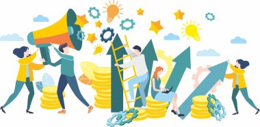 Vektör grafikleri. Düz dizayn tarzında illüstrasyon. Takım çalışması. Beyin fırtınası. İş için imajlar. Çalışma programı. Hedefe ulaşılıyor. Sorun çözümü.