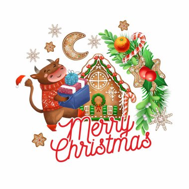 Raster Noel illüstrasyonu. 2021 'in sembolü. Çizgi film boğaları. Yeni yıl hayvanları. Hediyeli Noel süveteri giymiş komik boğalar. Noel kartı. Tatil kompozisyonları. Dekoratif öge.