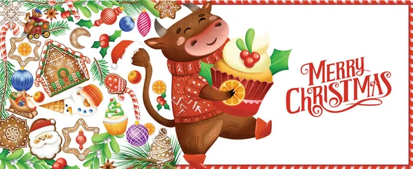 Χριστουγεννιάτικη Απεικόνιση Raster Σύμβολο Του Έτους 2021 Γελοιογραφίες Ζώα Της — Φωτογραφία Αρχείου