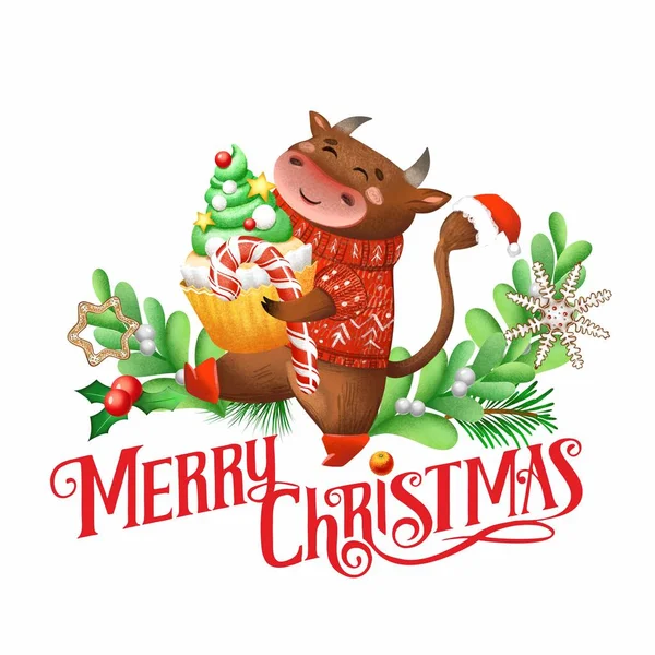 Raster Christmas illustration. Symbol of the year 2021. Cartoon bulls. New year\'s animals. Funny bulls in Christmas sweaters with gifts. Christmas card. Holiday compositions. Decorative element.