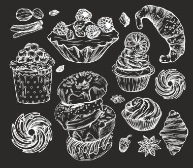 Doğrusal çizim tarzındaki çizimler. Siyah beyaz grafikler. Kruvasan, çeşitli hamur işleri, kekler, çörekler, çörekler, çörekler, kurabiyeler. Menüler ve pankartlar için resimler.