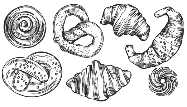 Illustrations Dans Style Dessin Linéaire Graphiques Noir Blanc Croissants Pâtisseries — Photo