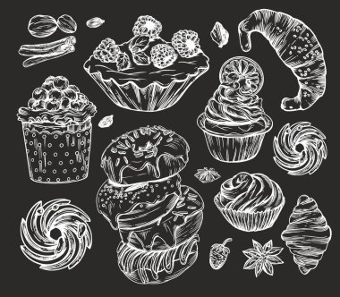 Vektör grafikleri. Doğrusal çizim tarzındaki çizimler. Siyah beyaz grafikler. Kruvasan, çeşitli hamur işleri, kekler, çörekler, çörekler, çörekler, kurabiyeler. Menüler ve pankartlar için resimler.