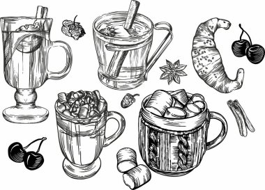 Doğrusal çizim tarzındaki çizimler. Siyah beyaz grafikler. Kruvasan, çeşitli hamur işleri, kekler, kahve çörekleri ve sıcak şarap. Menüler ve pankartlar için resimler.