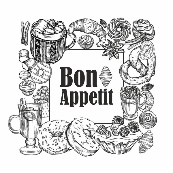 Vector illustration. Line drawing style. Delicious pastries, croissants, cookies, donuts, muffins, hot coffee and mulled wine. Images for menus and banners. Postcards Bon appetit.