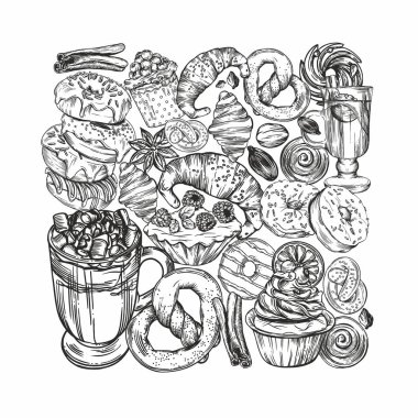 Vektör çizimi. Çizgi çekme tarzında kartpostallar. Lezzetli hamur işleri, kruvasanlar, kurabiyeler, çörekler, kekler, sıcak kahve ve sıcak şarap. Menüler ve pankartlar için resimler. 