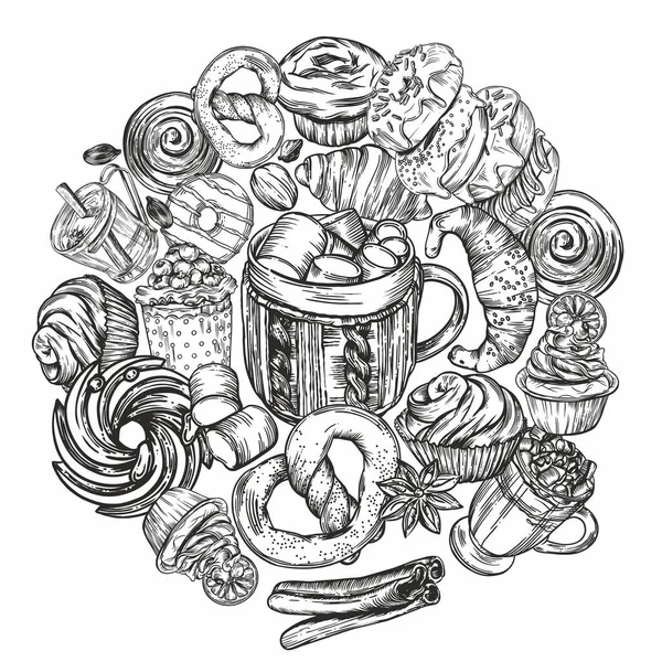 Векторная Иллюстрация Открытки Стиле Рисования Линии Вкусная Выпечка Круассаны Печенье — стоковый вектор