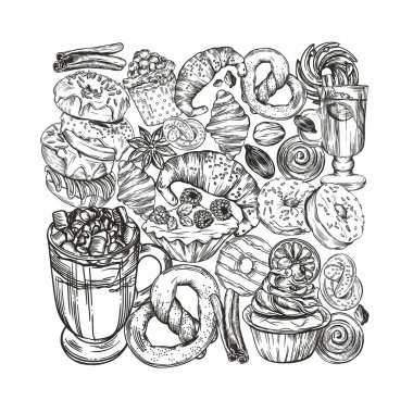 Çizgi çekme tarzında kartpostallar. Lezzetli hamur işleri, kruvasanlar, kurabiyeler, çörekler, kekler, sıcak kahve ve sıcak şarap. Menüler ve pankartlar için resimler. 