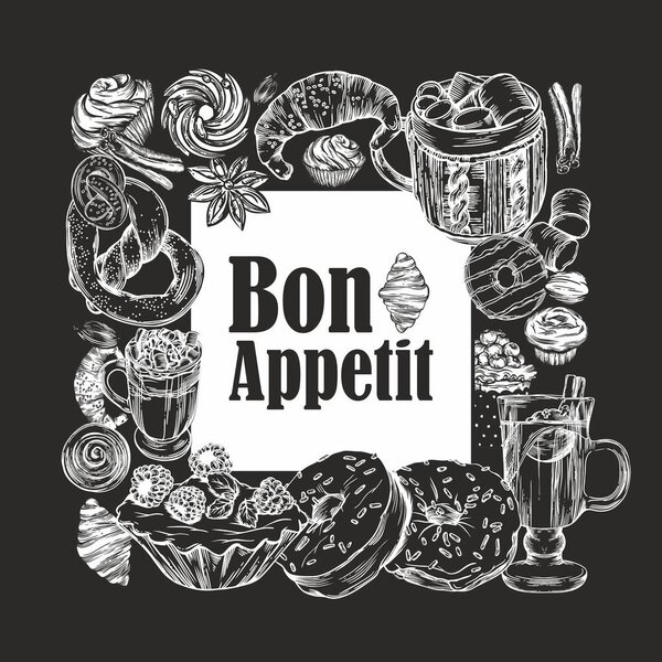 Line drawing style. Delicious pastries, croissants, cookies, donuts, muffins, hot coffee and mulled wine. Images for menus and banners. Postcards Bon appetit.