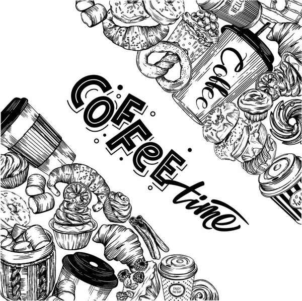 Illustrazione Vettoriale Stile Doodle Stile Line Cartoline Con Caffè Pasticcini — Vettoriale Stock