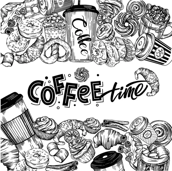 Raster Illustration Doodle Style Line Style Postcards Coffee Pastries Illustrations — Stock Photo, Image