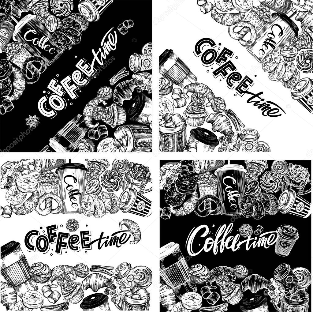 Raster illustration. Doodle style, line style. Postcards with coffee and pastries. Illustrations of coffee, donuts, cookies. Cover for the coffee shop menu.