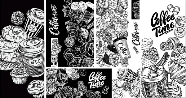 Illustration Bitmap Graphiques Noir Blanc Thème Café Couverture Pour Menu — Photo