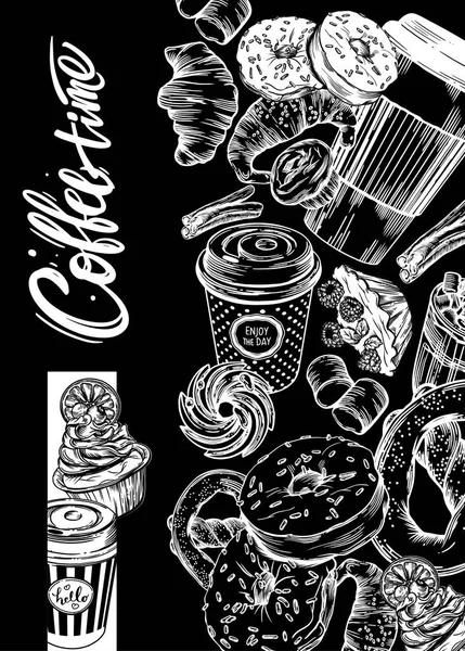 Illustration Vectorielle Graphiques Noir Blanc Thème Café Couverture Pour Menu — Image vectorielle