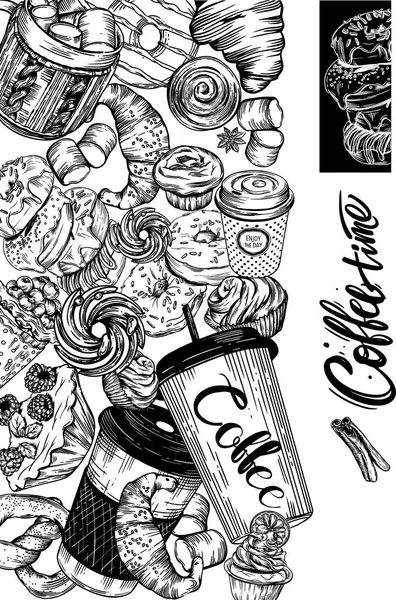Illustration Vectorielle Graphiques Noir Blanc Thème Café Couverture Pour Menu — Image vectorielle