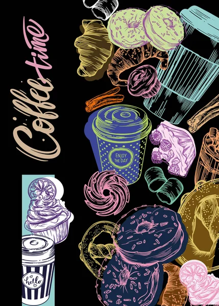 Illustrazione Raster Colori Con Una Linea Immagini Vettoriali Caffè Pasticcini — Foto Stock